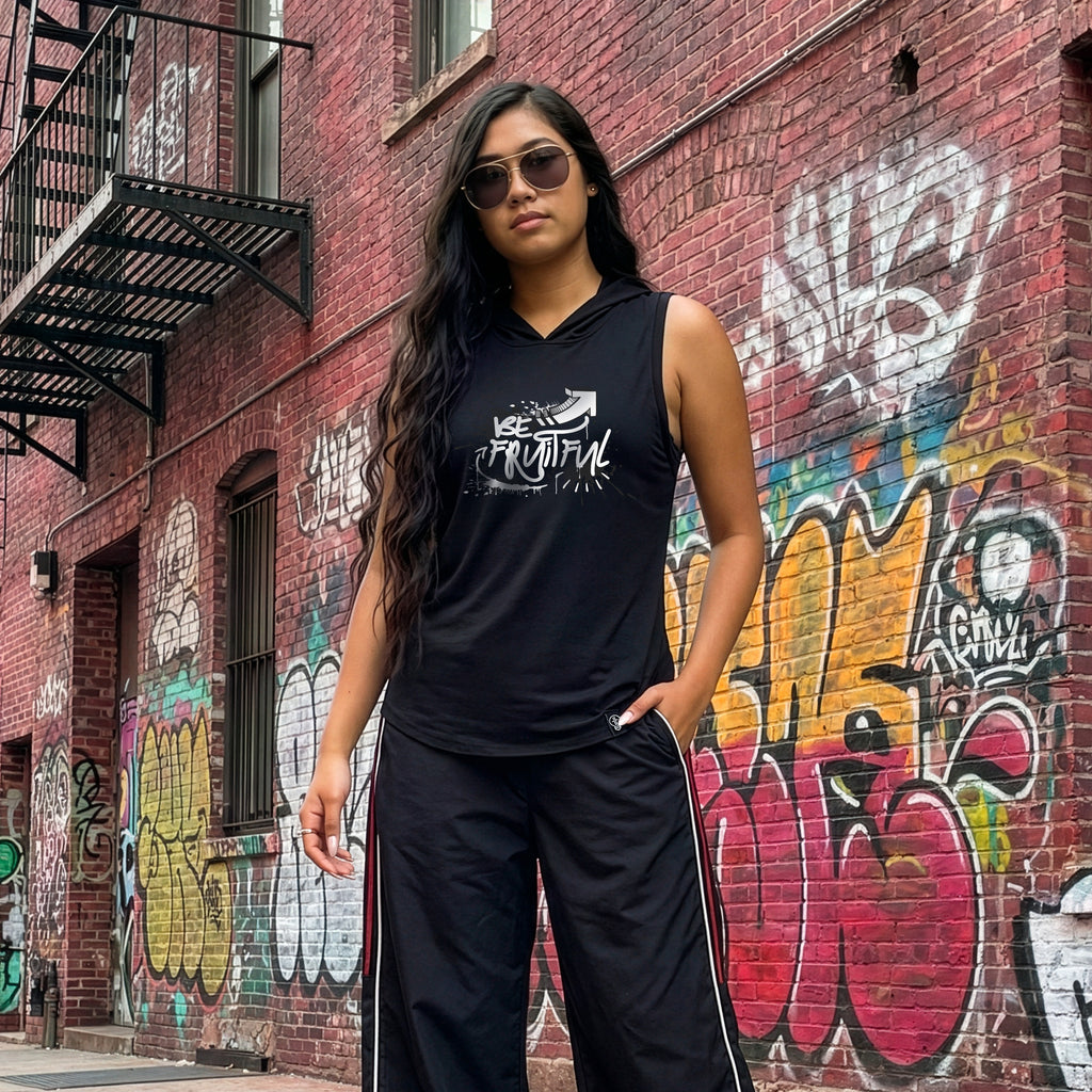 Woman wearing a black sleeveless hoodie and pants in front of a graffiti-covered brick wall. Be fruitful bible scripture tank top shirt. The Light Clothing